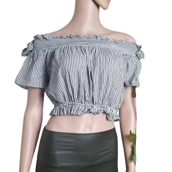 Love Tree | Off Shoulder Blue Gray Stripe Crop Top - Picture 1 of 7
